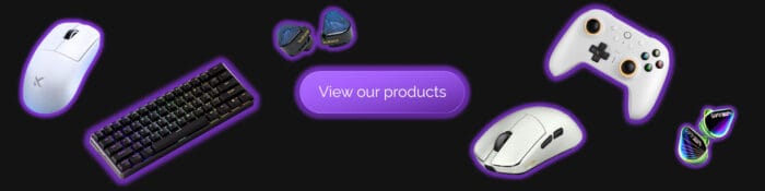 Banner with multiple peripherals like gaming mouse, keyboard, IEM and controller