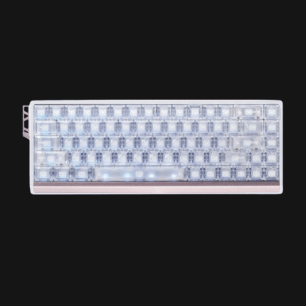 Vista superior do teclado ATK 68 RX Hall Effect (Branco/Preto) com apoio de pulso em alumínio destacável.