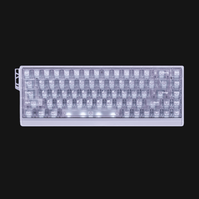 Vista superior do teclado ATK 68 RX Hall Effect (Branco/Preto) com apoio de pulso em alumínio destacável.