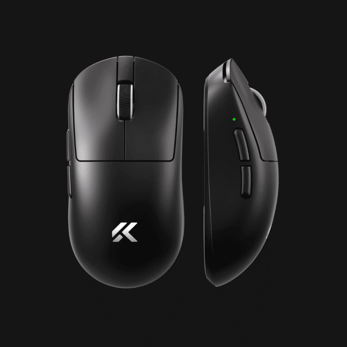 Vista superior do rato gaming sem fios MCHOSE A7 V2 Ultra preto, destacando o design sólido de 59g.