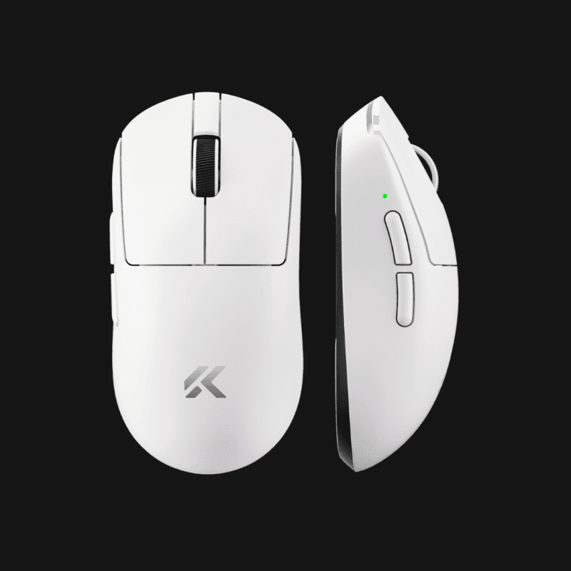 Vista superior do rato gaming sem fios MCHOSE A7 V2 Ultra branco, destacando o design sólido de 59g.