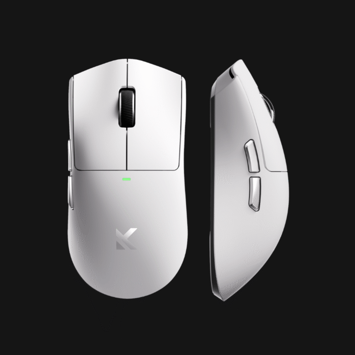 Vista superior do rato gaming sem fios MCHOSE K7 Ultra, destacando o seu design simétrico de 59g e revestimento tipo vidro.