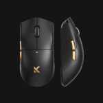 Vista superior do rato gaming sem fios MCHOSE K7 Ultra, destacando o seu design simétrico de 59g e revestimento tipo vidro.