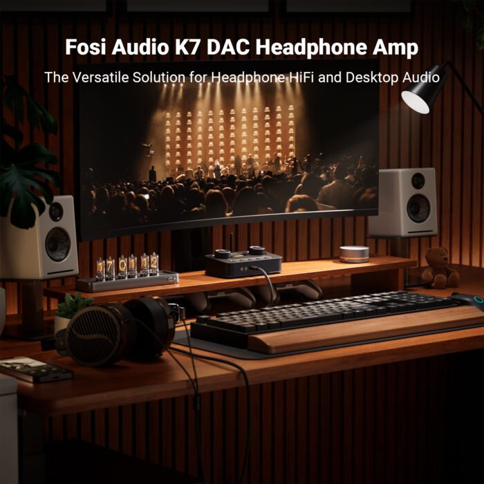 Fosi Audio K7 side profile showing angled ergonomic chassis design, front-panel 3.5mm mic input, 3.5mm SE and 4.4mm balanced headphone outputs