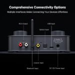 Fosi Audio K7 side profile showing angled ergonomic chassis design, front-panel 3.5mm mic input, 3.5mm SE and 4.4mm balanced headphone outputs