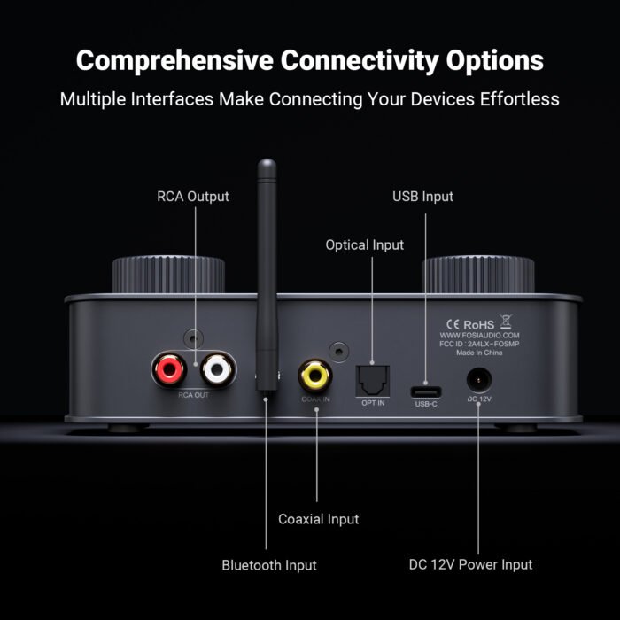 Fosi Audio K7 side profile showing angled ergonomic chassis design, front-panel 3.5mm mic input, 3.5mm SE and 4.4mm balanced headphone outputs