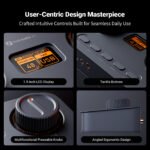 Fosi Audio K7 desktop DAC headphone amplifier top view showing dual large control knobs, 1.5-inch LCD display, and five shortcut buttons on angled CNC aluminum chassis