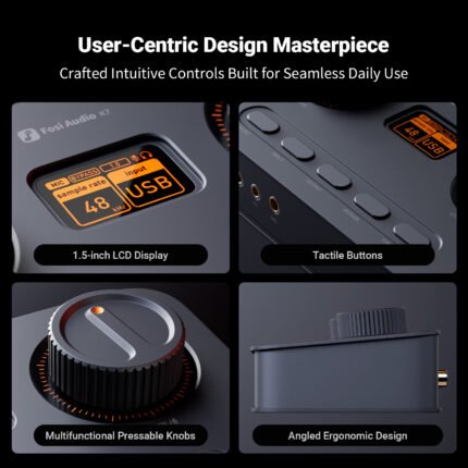 Fosi Audio K7 desktop DAC headphone amplifier top view showing dual large control knobs, 1.5-inch LCD display, and five shortcut buttons on angled CNC aluminum chassis