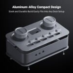 Fosi Audio K7 rear panel showing USB-C, optical, coaxial, Bluetooth antenna, and RCA outputs on full aluminum alloy chassis with rubber Fosi-branded feet