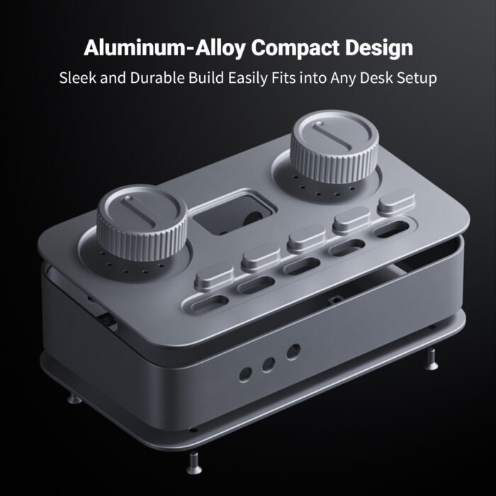Fosi Audio K7 rear panel showing USB-C, optical, coaxial, Bluetooth antenna, and RCA outputs on full aluminum alloy chassis with rubber Fosi-branded feet