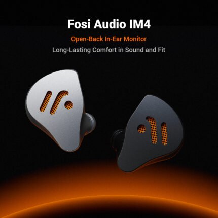 Fosi Audio IM4 open-back IEM pair showing CNC aluminum 6063 shell with rear vented open-back grille, brass and aluminum swappable nozzles on black Obsidian colorway