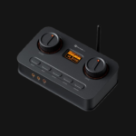 Fosi Audio K7 desktop DAC headphone amplifier top view showing dual large control knobs, 1.5-inch LCD display, and five shortcut buttons on angled CNC aluminum chassis