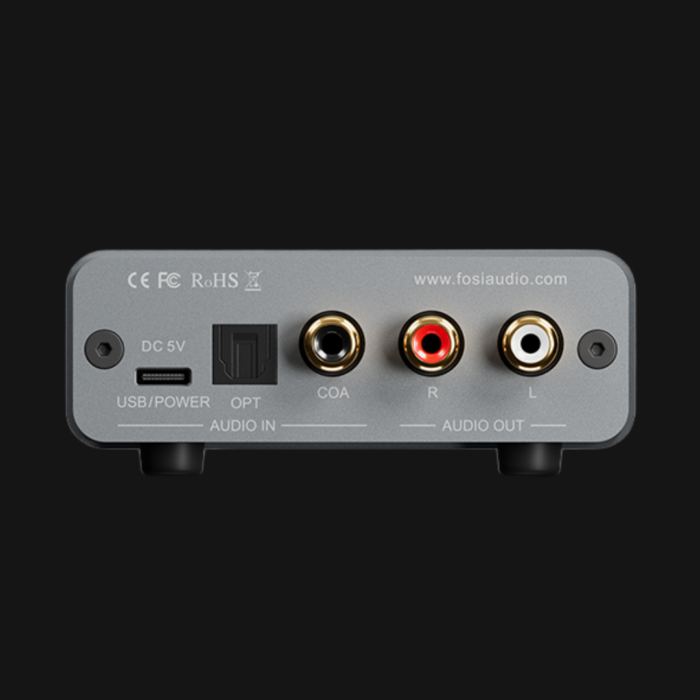 Painel traseiro do Fosi Audio K5 Pro com entradas USB-C, optical e coaxial e saídas RCA no chassis compacto 112x95x30mm em alumíni