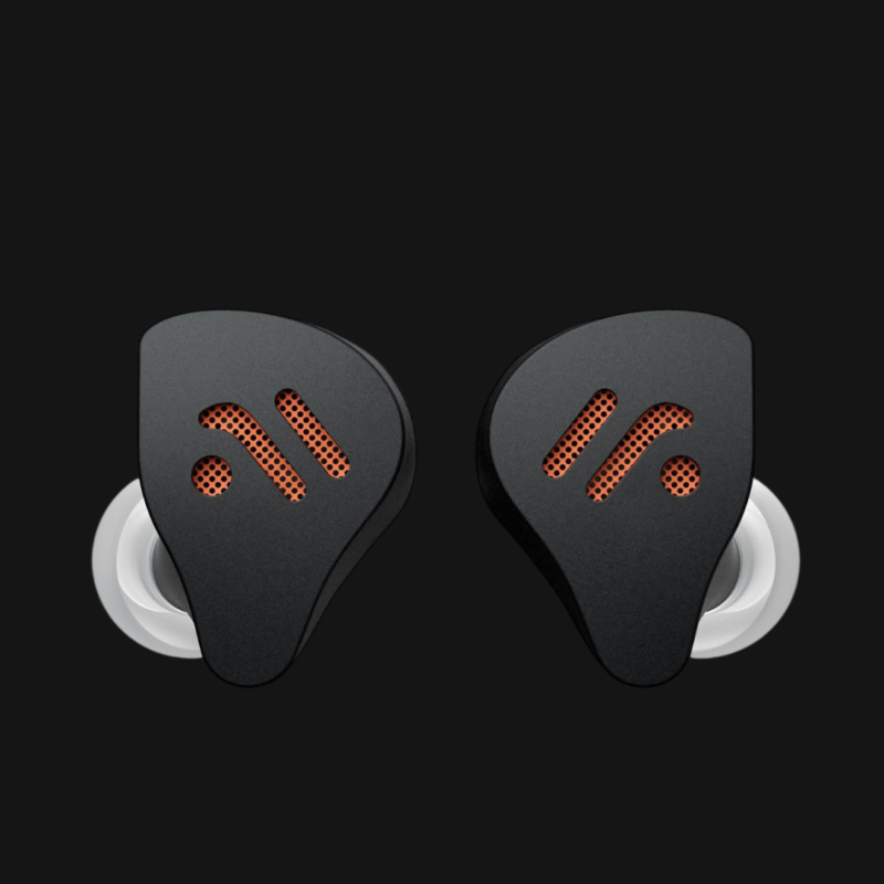 Par de IEMs open-back Fosi Audio IM4 com shell em alumínio CNC 6063 com grelha traseira open-back ventilada, nozzles intercambiáveis em latão e alumínio no colorway Obsidian preto