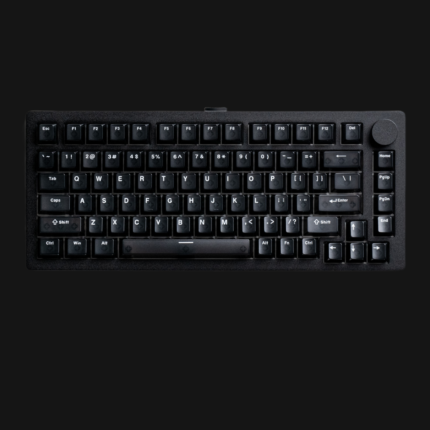 onsGeek M1 V5 HE 75% aluminum keyboard, top-down view showing south-facing ARGB backlighting through shine-through keycaps and floating programmable volume knob