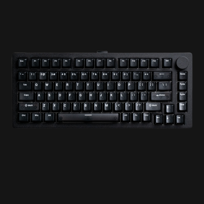 Teclado MonsGeek M1 V5 HE 75% em alumínio, vista de cima com retroiluminação ARGB south-facing através de keycaps shine-through e knob programável flutuante