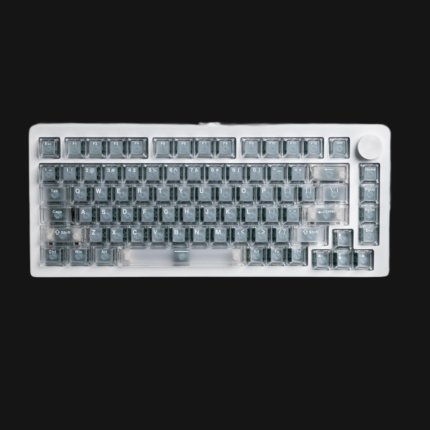 Teclado MonsGeek M1 V5 HE 75% em alumínio, vista de cima com retroiluminação ARGB south-facing através de keycaps shine-through e knob programável flutuante