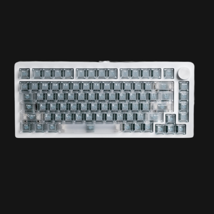 Teclado MonsGeek M1 V5 HE 75% em alumínio, vista de cima com retroiluminação ARGB south-facing através de keycaps shine-through e knob programável flutuante