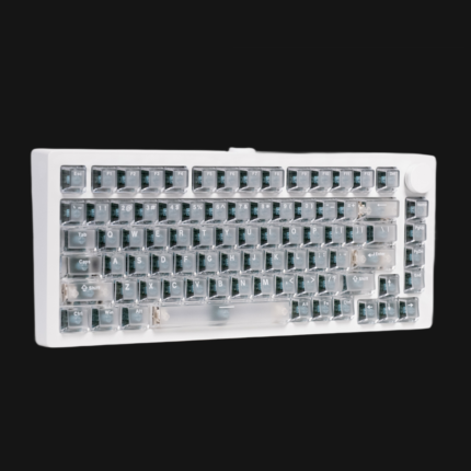 MonsGeek M1 V5 HE 75% aluminum keyboard, top-down view showing south-facing ARGB backlighting through shine-through keycaps and floating programmable volume knob
