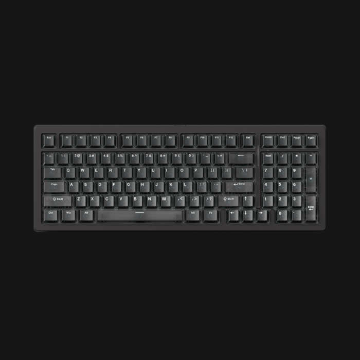 MonsGeek M2 V5 HE 98-key 1800 compact aluminum keyboard top-down view showing south-facing ARGB backlighting, full function row, numpad, and programmable volume knob