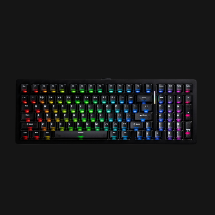 MonsGeek M2 V5 HE 98-key 1800 compact aluminum keyboard top-down view showing south-facing ARGB backlighting, full function row, numpad, and programmable volume knob