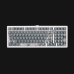 MonsGeek M2 V5 HE 98-key 1800 compact aluminum keyboard top-down view showing south-facing ARGB backlighting, full function row, numpad, and programmable volume knob