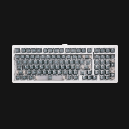 MonsGeek M2 V5 HE 98-key 1800 compact aluminum keyboard top-down view showing south-facing ARGB backlighting, full function row, numpad, and programmable volume knob