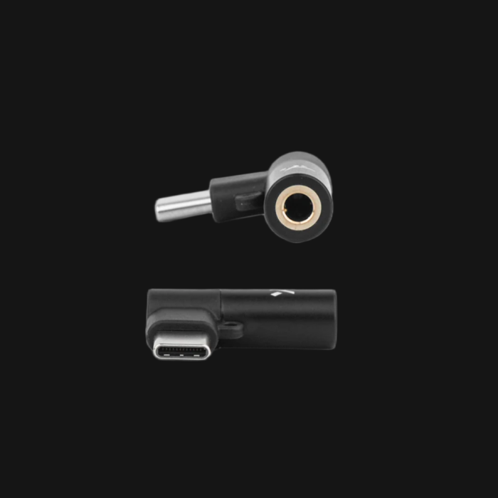 Truthear Keyx side profile showing USB-C male connector, L-shaped body, and 3.5mm 4-pin output port integrated flush into the chassis