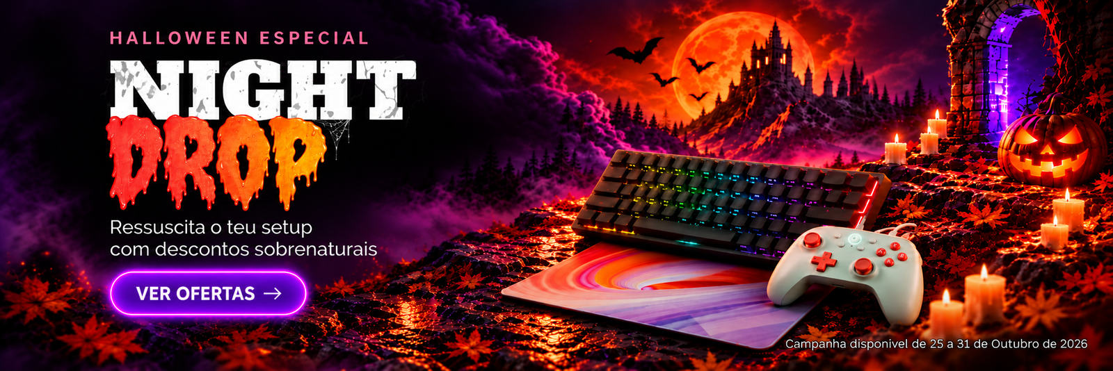 Banner da campanha Halloween Night Drop da Gamer Unlocked, com teclado e comando gaming num cenário de Halloween.