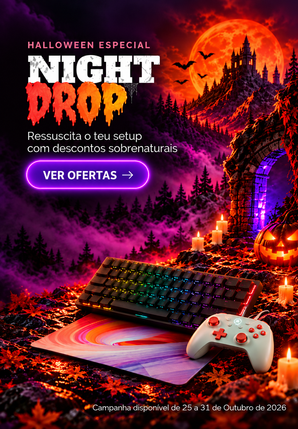 Banner da campanha Halloween Night Drop da Gamer Unlocked, com teclado e comando gaming num cenário de Halloween.