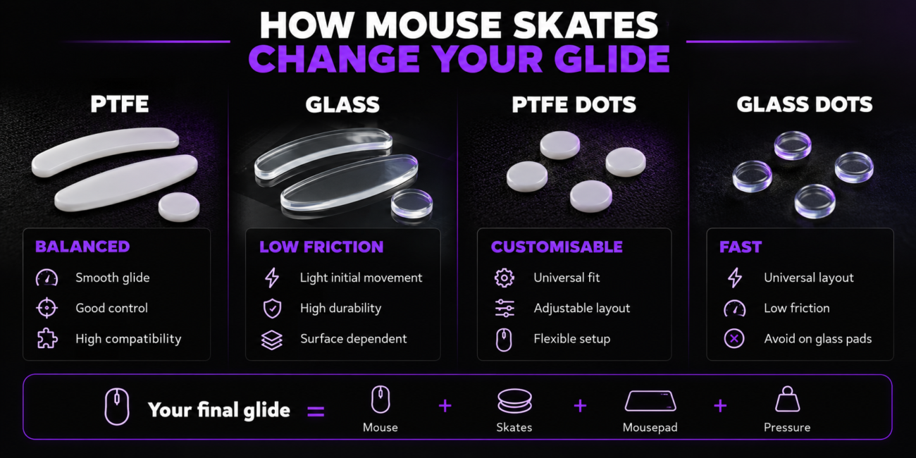 PTFE, glass and dot mouse skates comparison showing glide characteristics