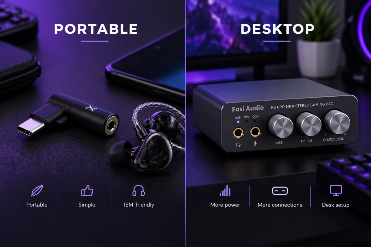 Portable USB-C DAC with IEMs compared with Fosi Audio K5 Pro desktop DAC AMP