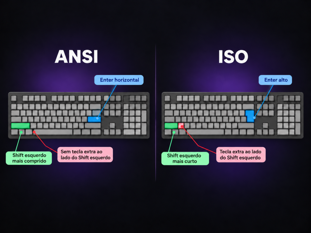 Comparação entre teclados ANSI e ISO com diferenças na tecla Enter, Shift esquerdo e tecla extra