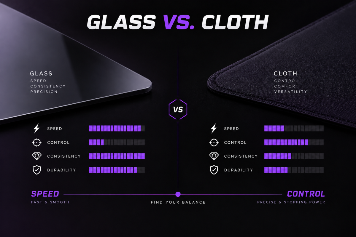 Glass vs cloth mousepad comparison showing speed, control, consistency and durability