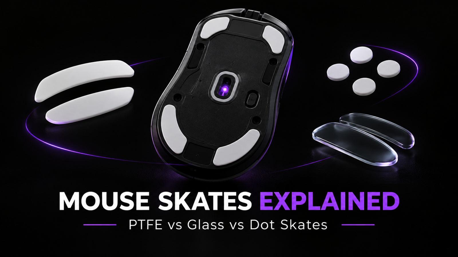 Gaming mouse skates comparison showing PTFE, glass and dot skates