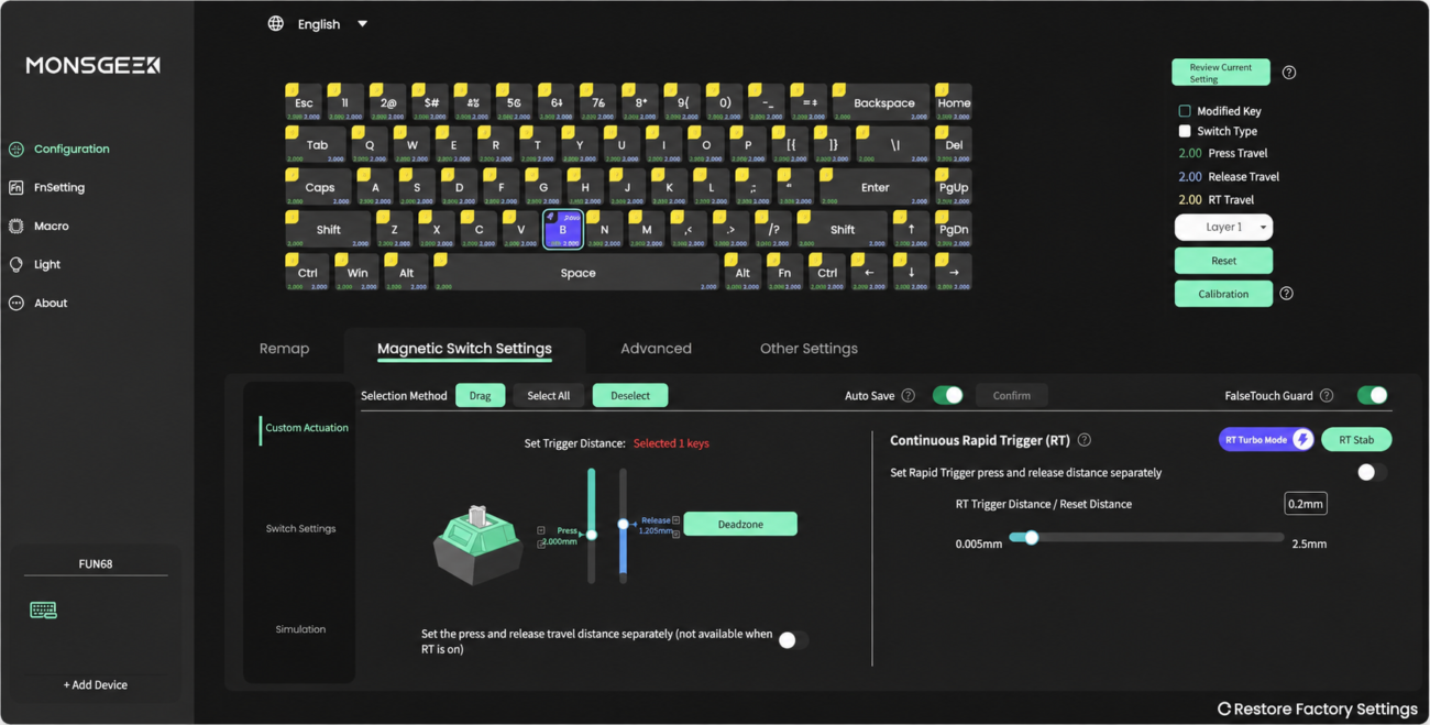 Definições de Rapid Trigger e switches magnéticos no MonsGeek FUN68