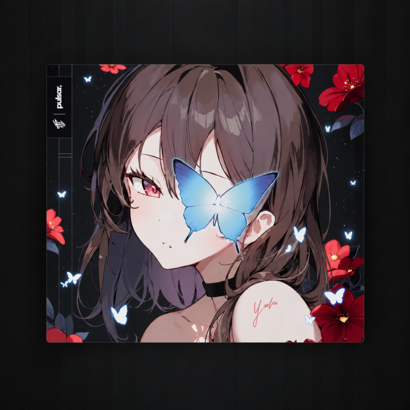 Yuki Aim x Pulsar Superglide3 glass mousepad with anime artwork and butterfly design