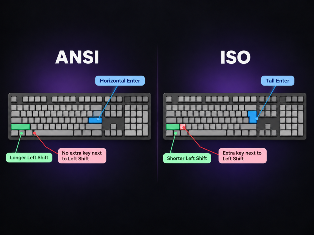ANSI vs ISO keyboard layout comparison showing Enter key, Left Shift and extra key differences