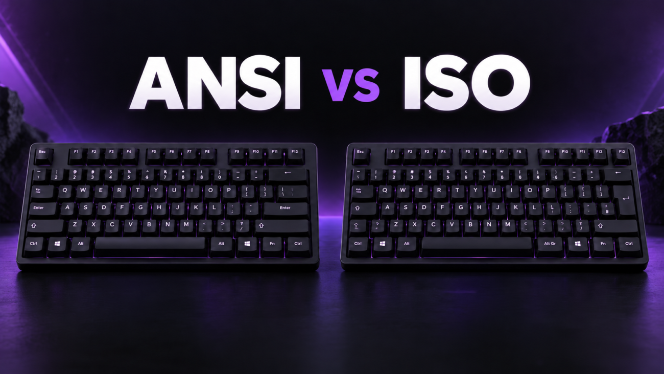 ANSI vs ISO keyboard comparison with two black keyboards on a purple background