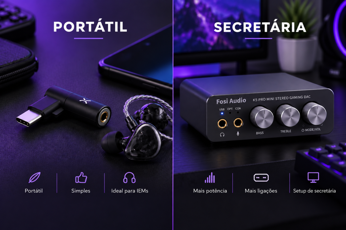 Comparação entre DAC portátil e DAC AMP de secretária para gaming