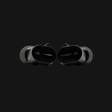 Moondrop CHU III earphones in black with a black metal finish, gold accents and silicone ear tips on a black background.