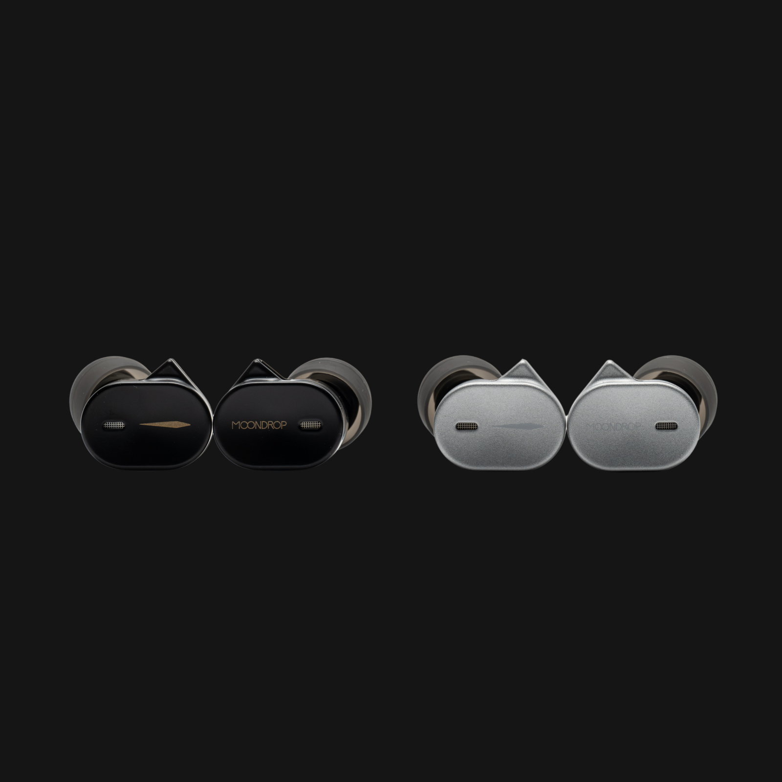 Moondrop CHU III earphones side by side in black and silver, with metal shells and silicone ear tips.