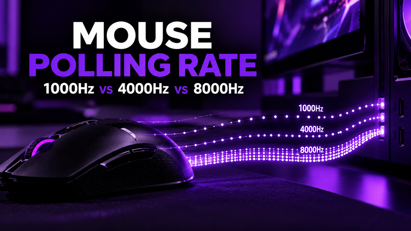 Gaming mouse polling rate comparison showing 1000Hz, 4000Hz and 8000Hz
