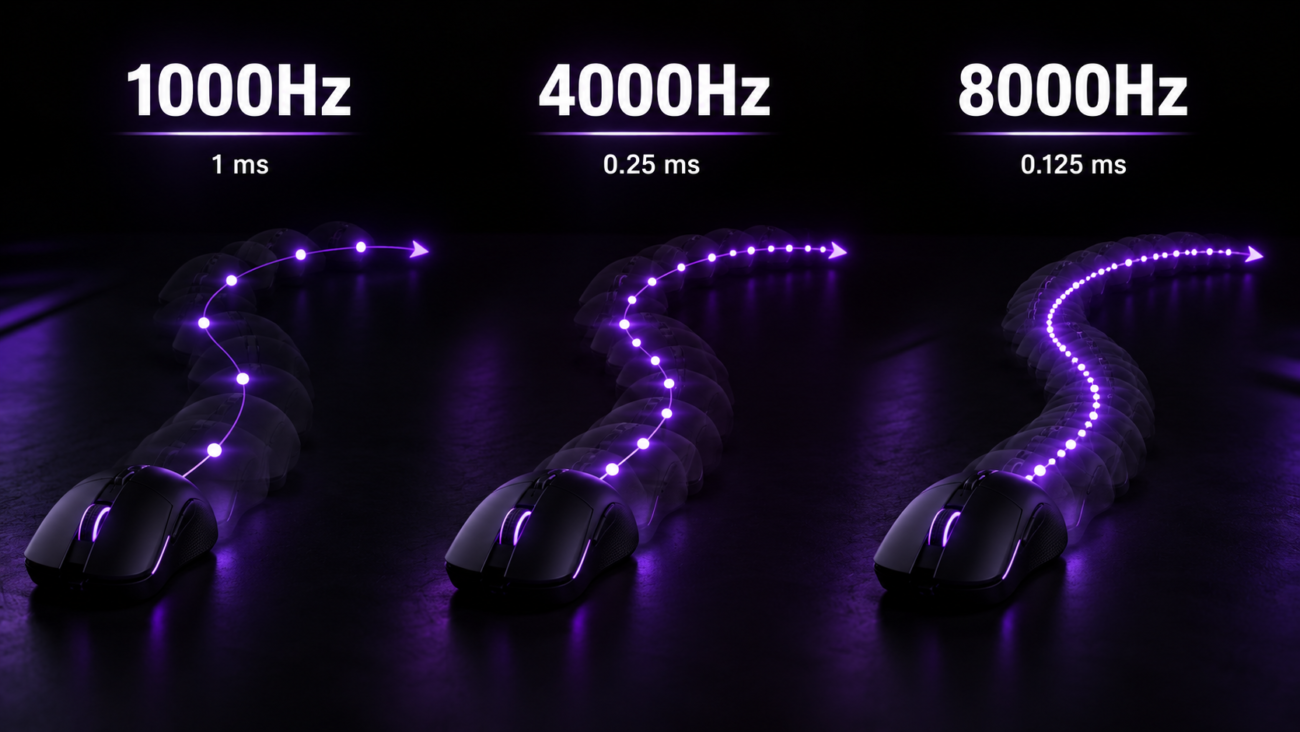 Mouse polling rate comparison showing 1000Hz, 4000Hz and 8000Hz report intervals