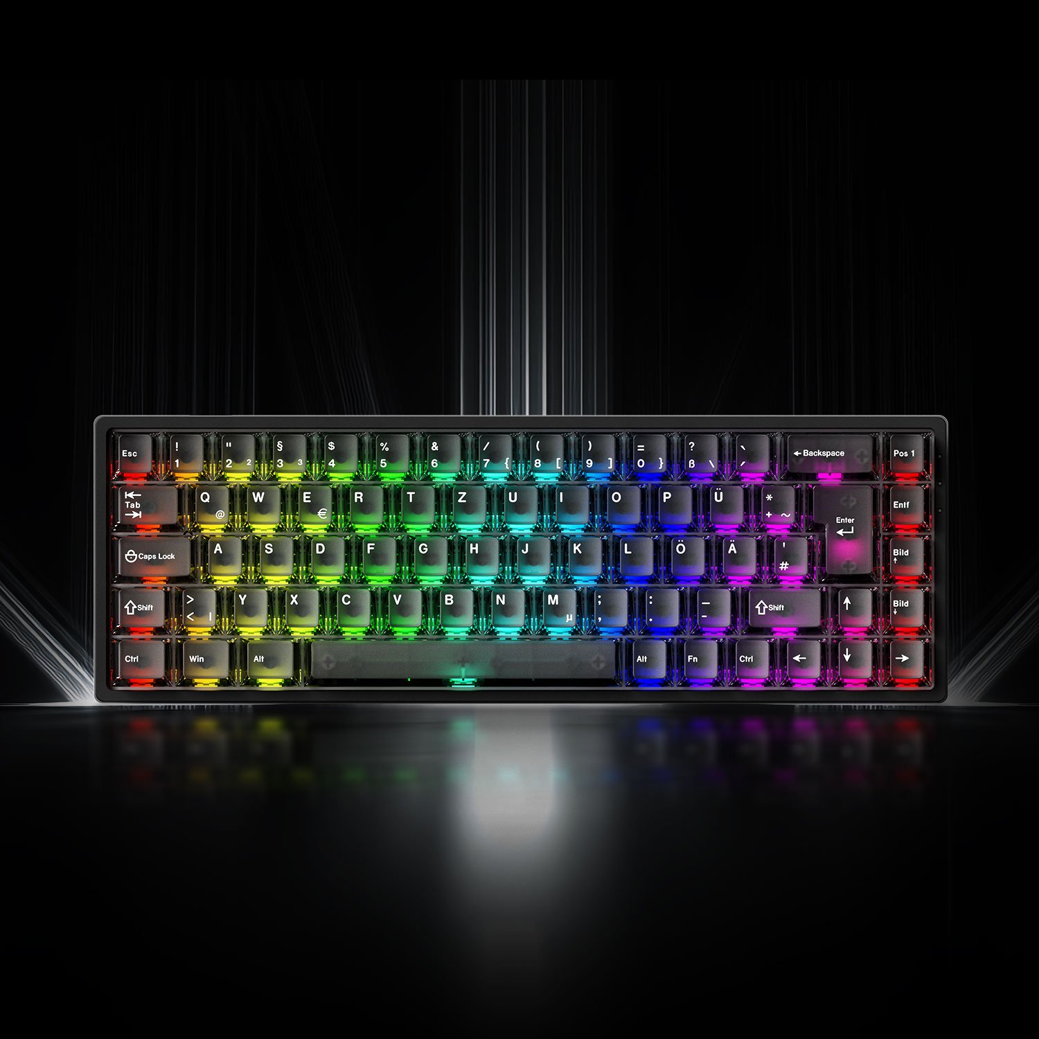 Akko MonsGeek FUN68 ISO-DE Black Transparent, teclado magnético 65%: vista frontal com RGB