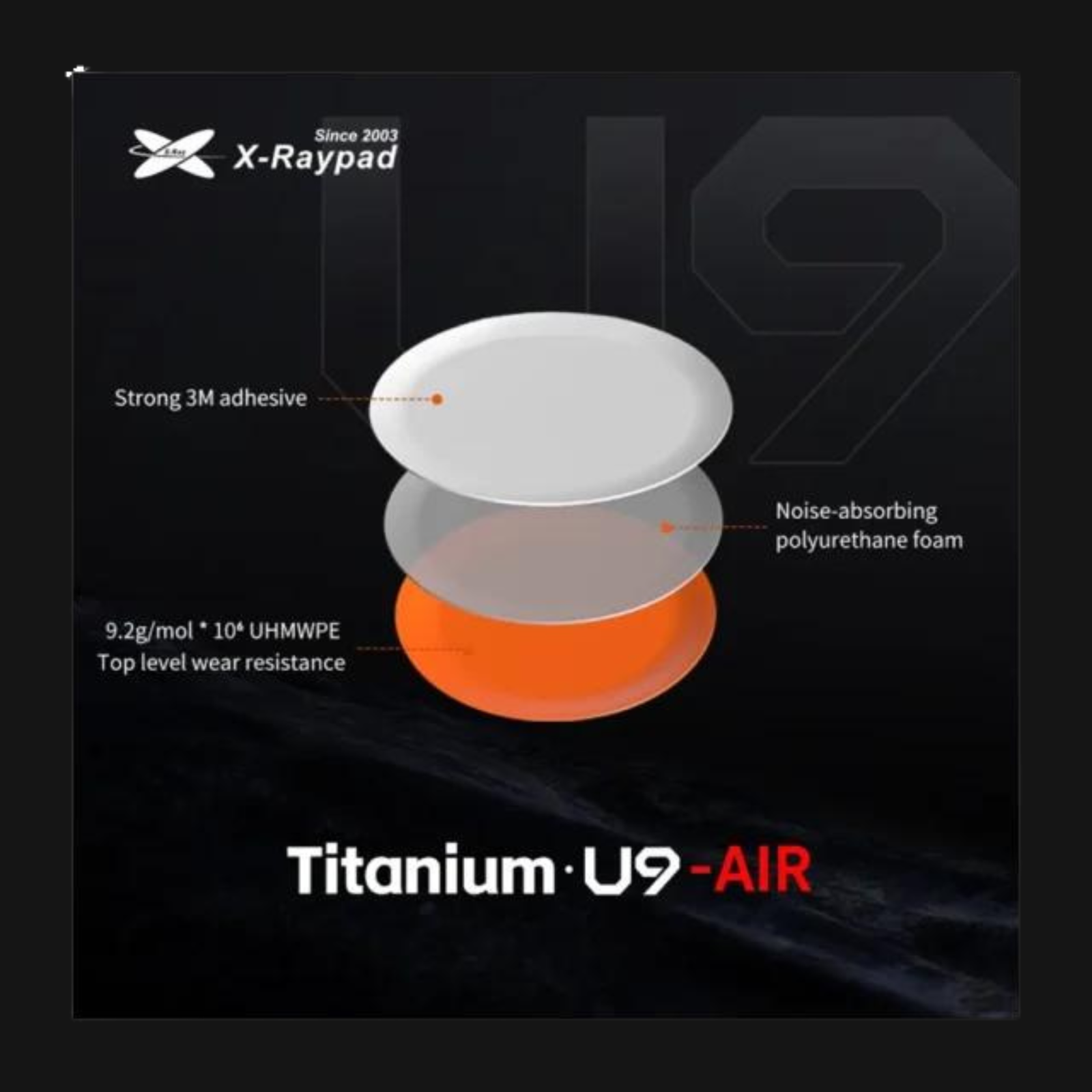 X-raypad Titanium U9 Air – Estrutura multicamada com adesivo 3M, espuma de redução de ruído e UHMWPE laranja